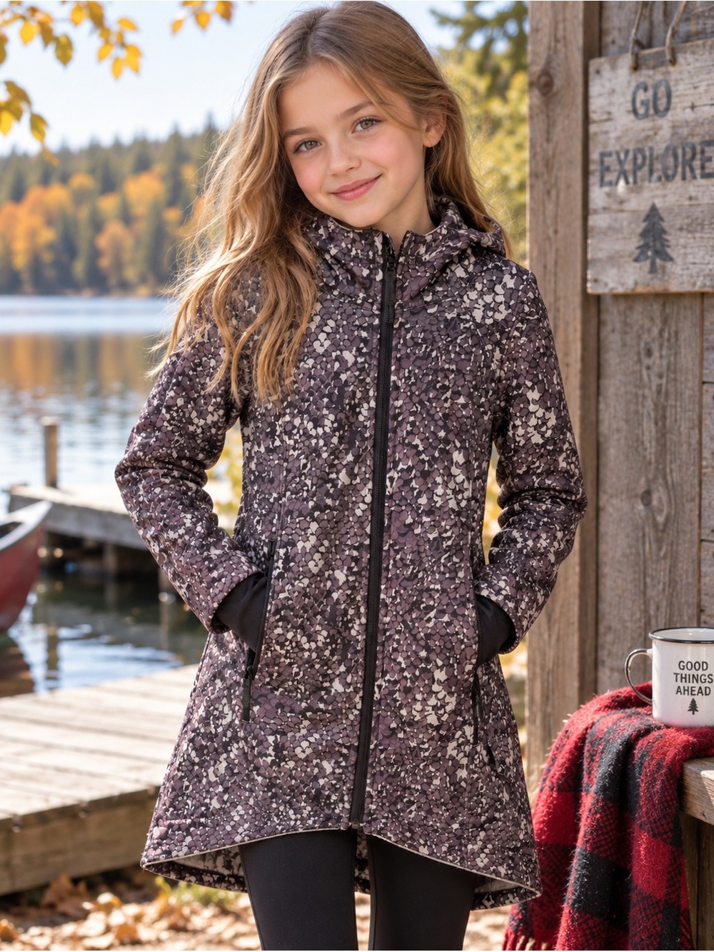 Ivivva by Lululemon Girls Printed Long Hooded Jacket Thumbholes High Low